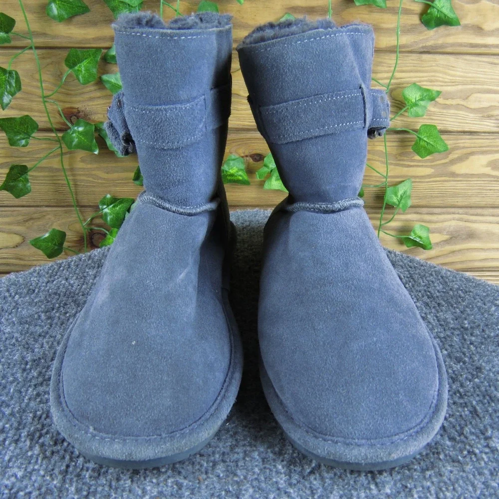 Bearpaw Tessa Womens 9 Gray Suede Shearling Lined Ankle Boots Buckle Winter Warm